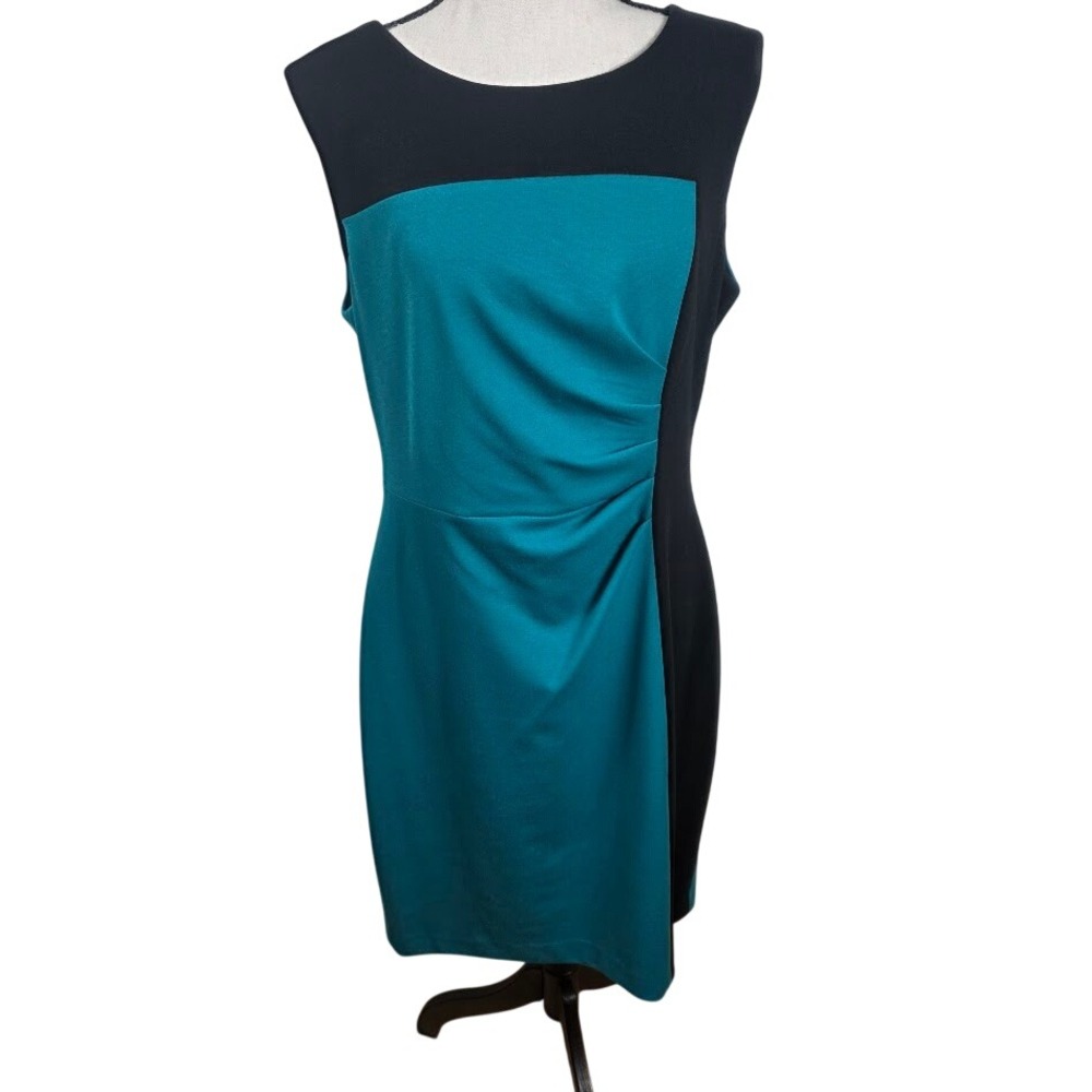 Calvin Klein Sheath Dress Women 12 Teal Black Colorblock Ruched Career